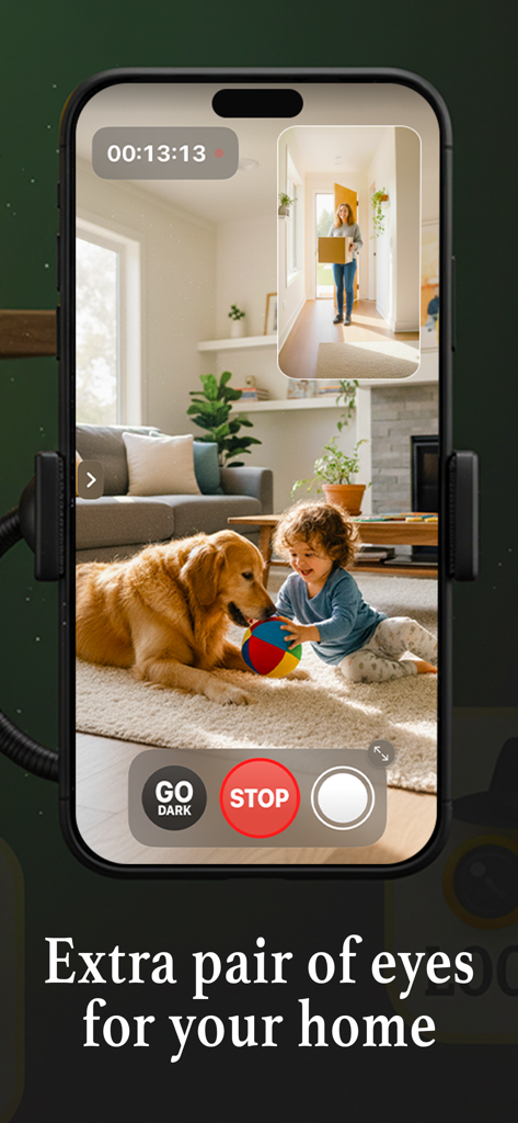 Lookout Dual Camera Recorder - Lookout app interface showing dual camera recording for home security surveillance with picture in picture view