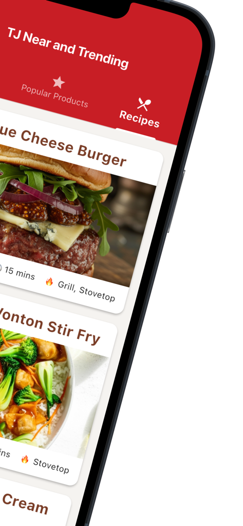 A screenshot of the TJ Near and Hot app recipes section showing recipe cards for a burger and stir fry.