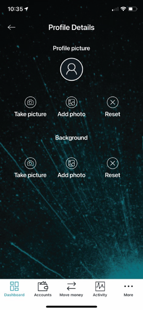 Profile Details screen of the Connect First mobile banking app showing options to personalize the profile picture and dashboard background.
