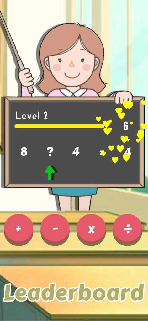 Math solver game screen featuring a teacher character and a math equation on a chalkboard