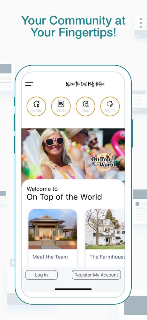 On Top of the World - Home screen of the On Top of the World community app for active seniors showing navigation icons and lifestyle content