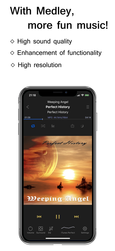 KaiserTone Medley -HiRes Audio - KaiserTone Medley high resolution audio player interface showing music playback controls on an iPhone
