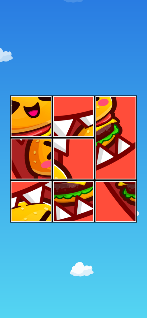 Food Sort - Puzzle Game - A scrambled 3x3 tile puzzle of a cartoon hamburger character in Food Sort