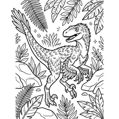 Unleash your creativity with this exciting coloring page featuring a friendly feathered Velociraptor in a vibrant jungle setting. Perfect for young dinosaur enthusiasts, it offers a delightful journey back to the age of dinosaurs.