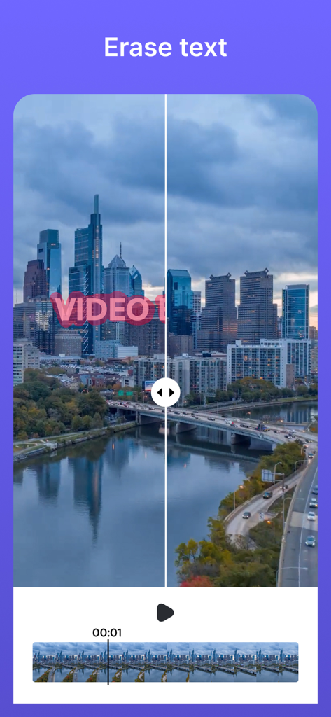 Before and after split screen showing the removal of text from a city skyline video