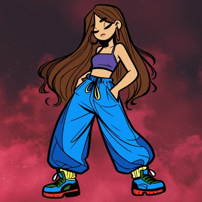 girl in baggy pants crop top and long hair