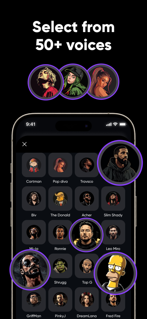 Voice Changer - Song Maker - Bildschirm einer mobilen App, der eine Auswahl von über fünfzig Promi- und Charakter-Stimmfiltern zeigt