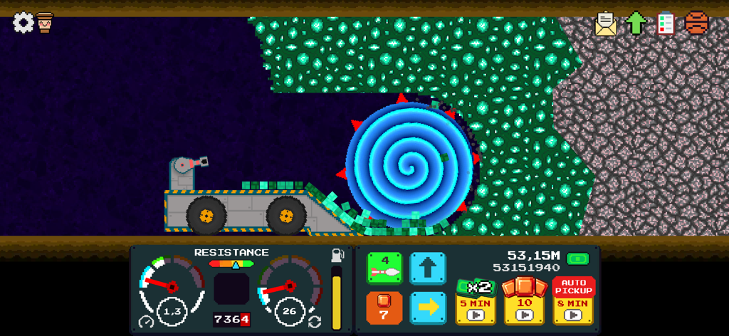 Mystery Digger - A blue spiral drill mining green gems in the Mystery Digger mobile game dashboard