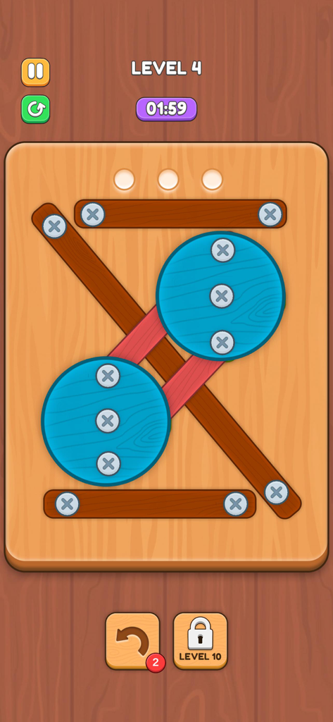 Screenshot di gioco di Screw Puzzle Challenge Game che mostra il Livello 4 con barre di legno e cerchi fissati da viti metalliche.