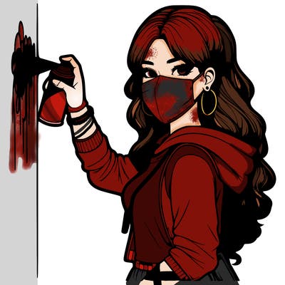 realistic girl with mask spray painting a wall