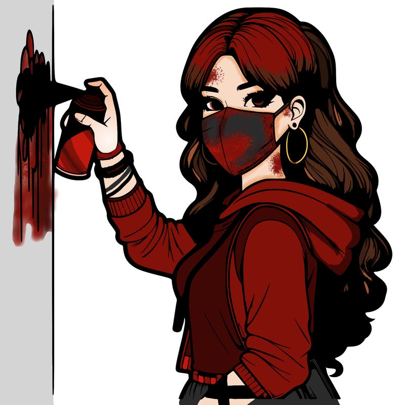 realistic girl with mask spray painting a wall