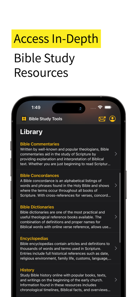 Bible Study Tools - A mobile app interface displaying a library of Bible study resources including commentaries, concordances, dictionaries, and encyclopedias.