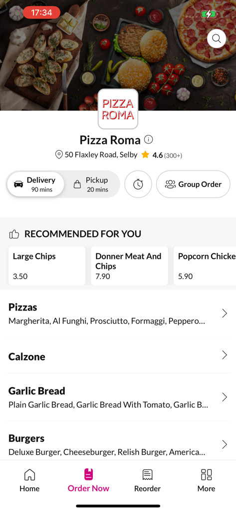 Pizza Roma. - Pizza Roma 모바일 앱 메뉴 화면에 음식 카테고리와 추천 항목이 표시되어 있습니다.