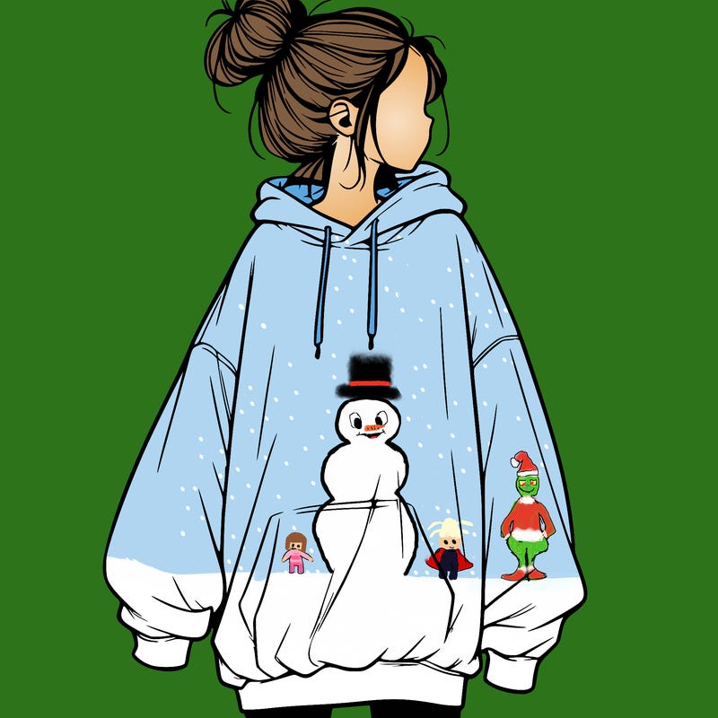 realistic girl with a oversized sweatshirt on and a bun