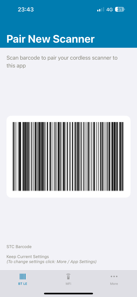 Interface do aplicativo Zebra Scanner Control mostrando um código de barras para parear um novo scanner sem fio via Bluetooth