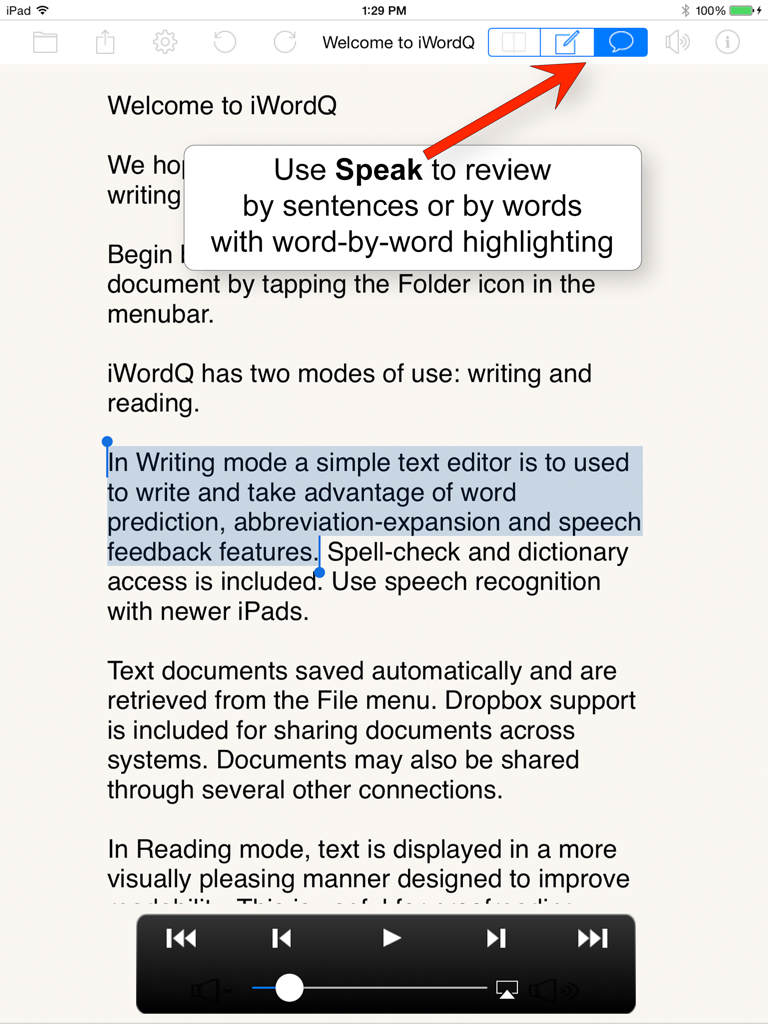 Captura de pantalla de iPad de la aplicación iWordQ CA mostrando la función Hablar con resaltado palabra por palabra y controles de reproducción de audio para lectura asistida.