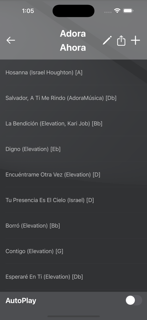AdoraMúsica - AdoraMusica app screen showing a playlist of Spanish worship songs with musical keys