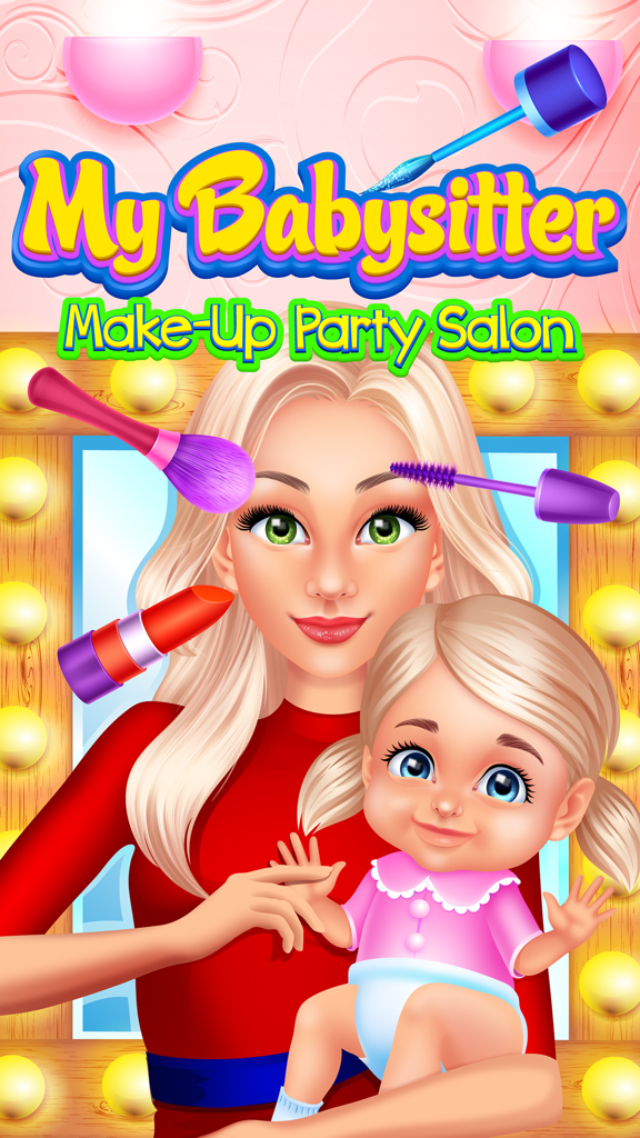 Babysitter Makeup Party Salon  - Baby Girl Games - Cartoon babysitter holding a baby surrounded by makeup tools like lipstick and mascara