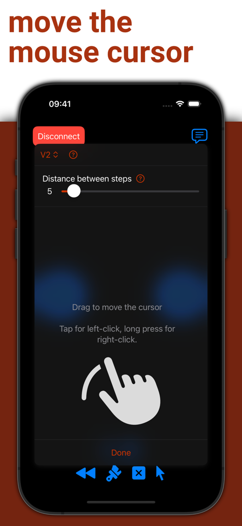 Interfaz de la aplicación PPTControl en iPhone que muestra el cursor del ratón remoto y la funcionalidad del trackpad