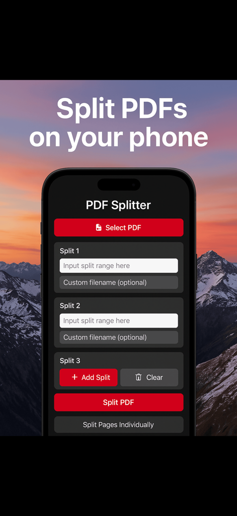 Oberfläche der mobilen App PDF Splitter 2025 auf einem iPhone, die Optionen zur Auswahl eines Dokuments und zur Definition von Seitenbereichen für die Aufteilung zeigt