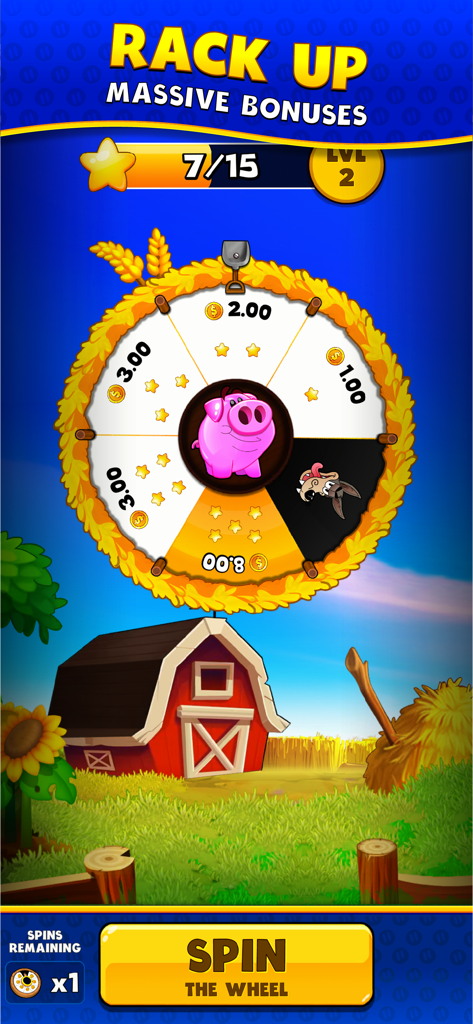 Piggy Prize - Um minijogo de roda da sorte no Piggy Prize com fundo de fazenda e um porco rosa no centro