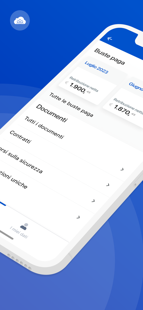 Uma captura de tela do aplicativo Dipendenti in Cloud mostrando a seção de folha de pagamento e arquivo de documentos com valores de salário líquido e links de contrato