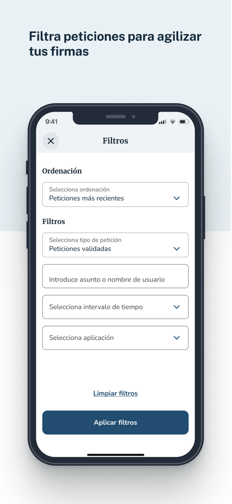 Mi Portafirmas - Filteroberfläche in der Mi Portafirmas-App zum Sortieren und Verwalten von digitalen Signaturanfragen.