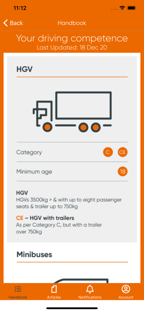App interface showing driving competence information for HGV categories