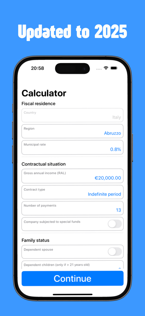 Salary: Paycheck calculator - Interfaz de la aplicación Salario que muestra campos de entrada para ingresos brutos y residencia fiscal en Italia actualizados para 2025