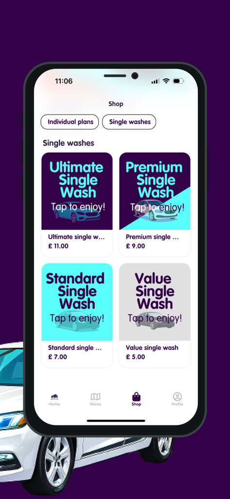 Clean Car Club+ - La aplicación Clean Car Club plus muestra los niveles de lavado individual, incluidas las opciones premium, estándar y económica con precios