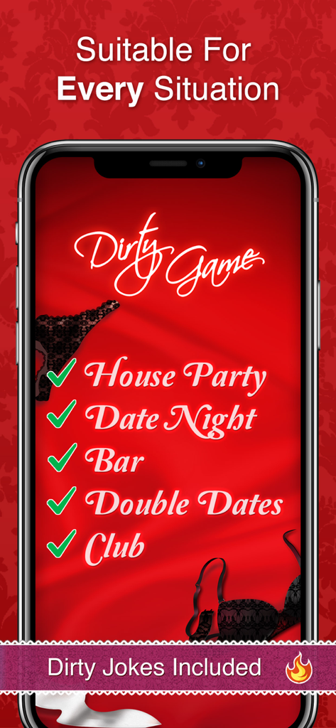 Dirty Game - Hot Truth or Dare - Screenshot der Wahrheit oder Pflicht-App Dirty Game, der soziale Situationen wie Hauspartys und Date Nights auflistet