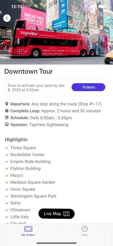 TopView Redeem app screen showing NYC Downtown Tour highlights and sightseeing bus information