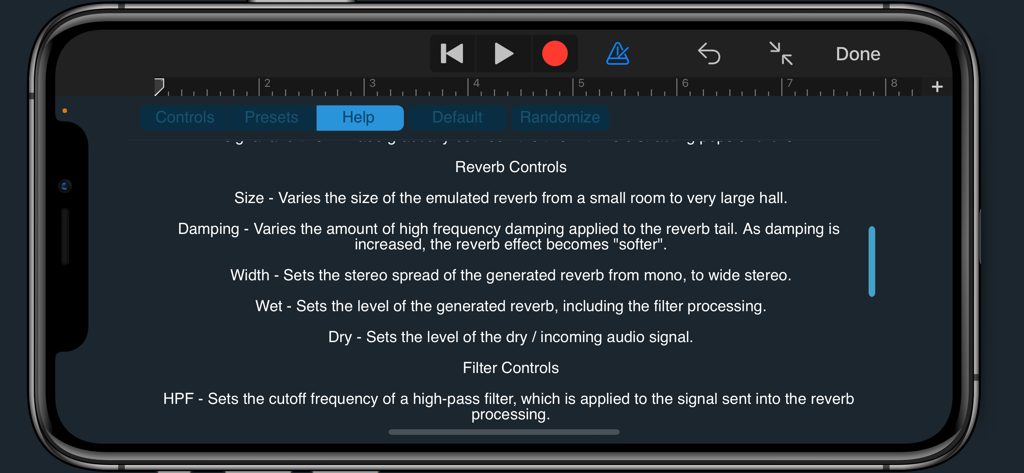 iPhone上のGateVerbアプリのヘルプ画面。リバーブおよびフィルターコントロールの説明が表示されています。