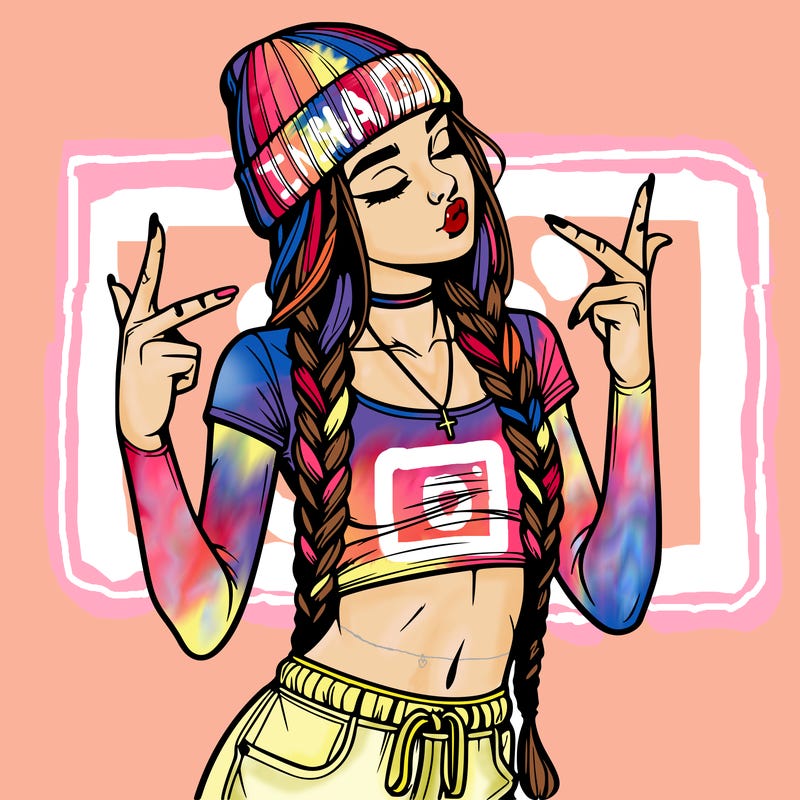 realistic teenage girl with braids and a beanie and crop top doing 🫶🏼