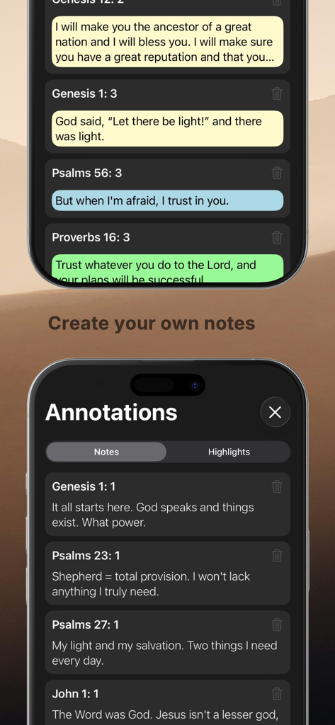 Interface de l'application Bible AI montrant des annotations personnelles et des surlignages de Écritures codés par couleur.