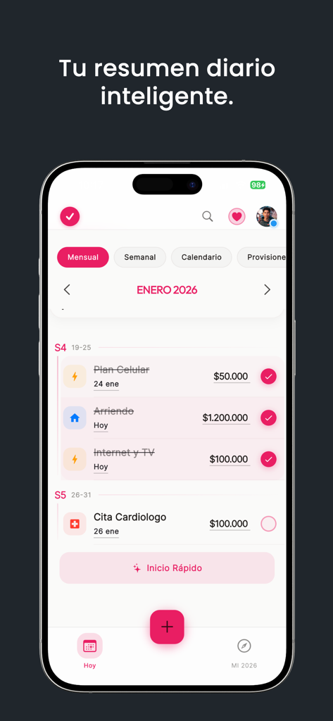 NoSeMePasa: Planeador de Pagos - Ein mobiler App-Bildschirm zeigt eine monatliche Zusammenfassung von Rechnungen, einschließlich Miete und Internet, mit einer intelligenten täglichen Zusammenfassung in spanischer Sprache