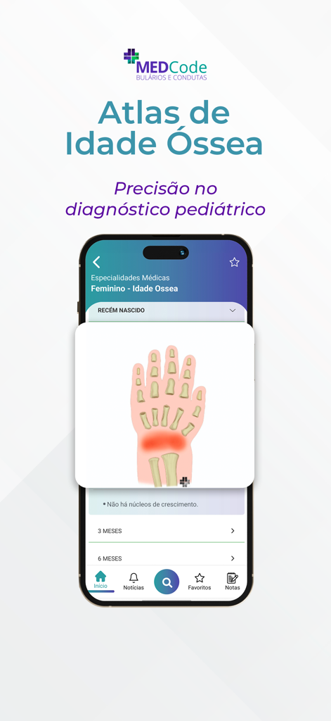MEDCode – App medicina - MEDCode app Bone Age Atlas interface showing hand bone development for pediatric diagnosis