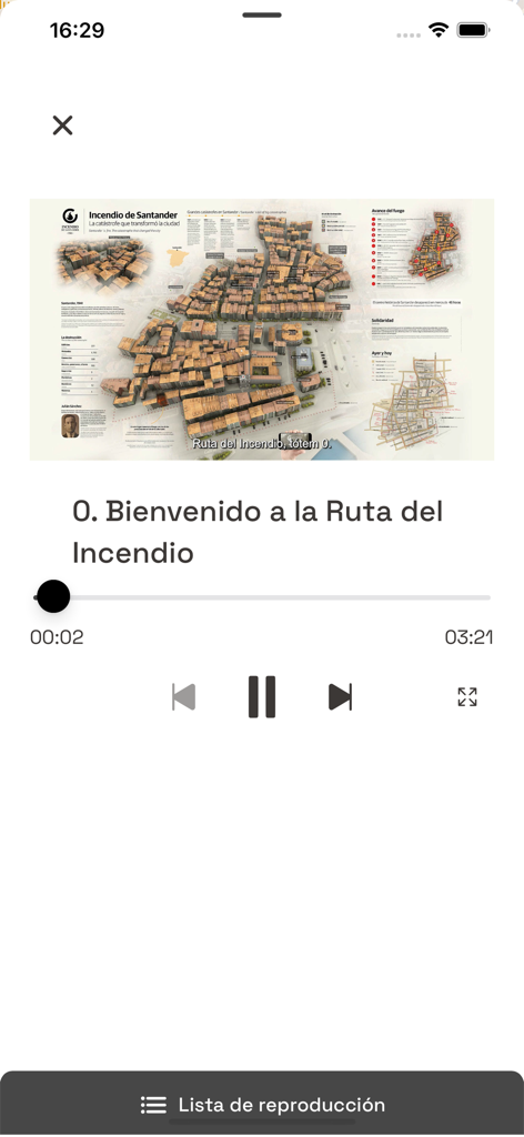 Te cuento - Te Cuento app audio player interface displaying the Santander Fire historical route tour