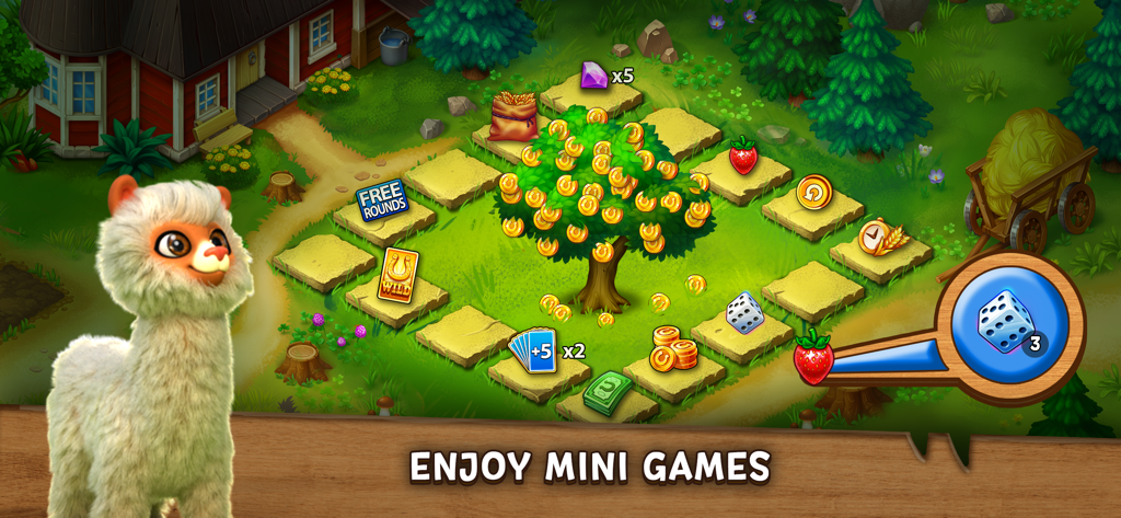 A cute llama character next to a farm themed mini game screen with a coin tree.