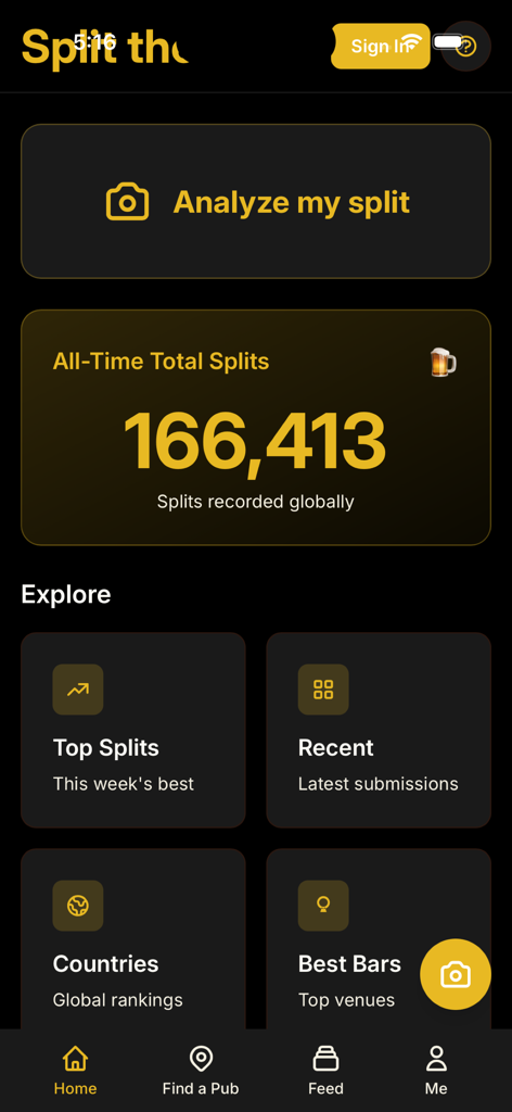 SplitTheG app dashboard showing the analyze my split button and global stout pour statistics