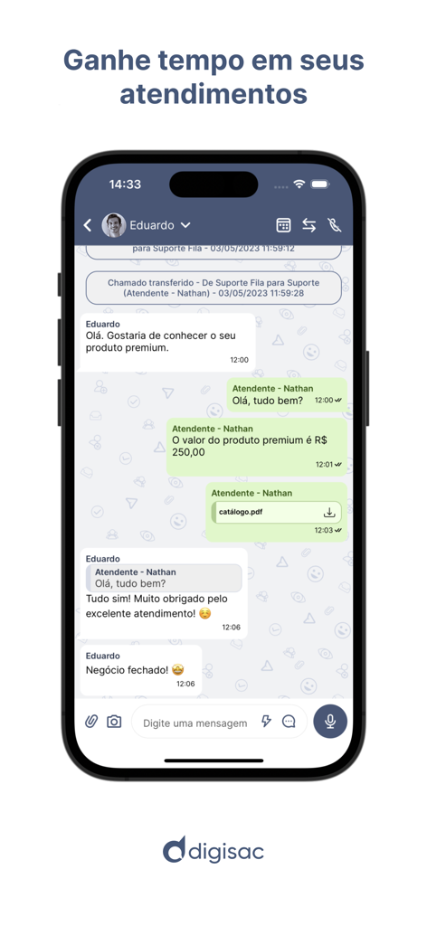 Screenshot of the Digisac app interface showing a customer service conversation between an agent and a client closing a deal