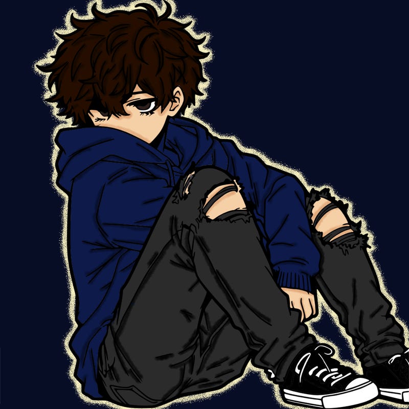 a male hoddie ripped jeans messy hair anime