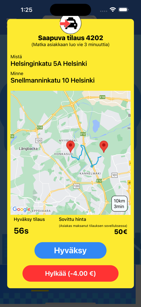 SnapCab driver app interface displaying an incoming ride request with trip details and map