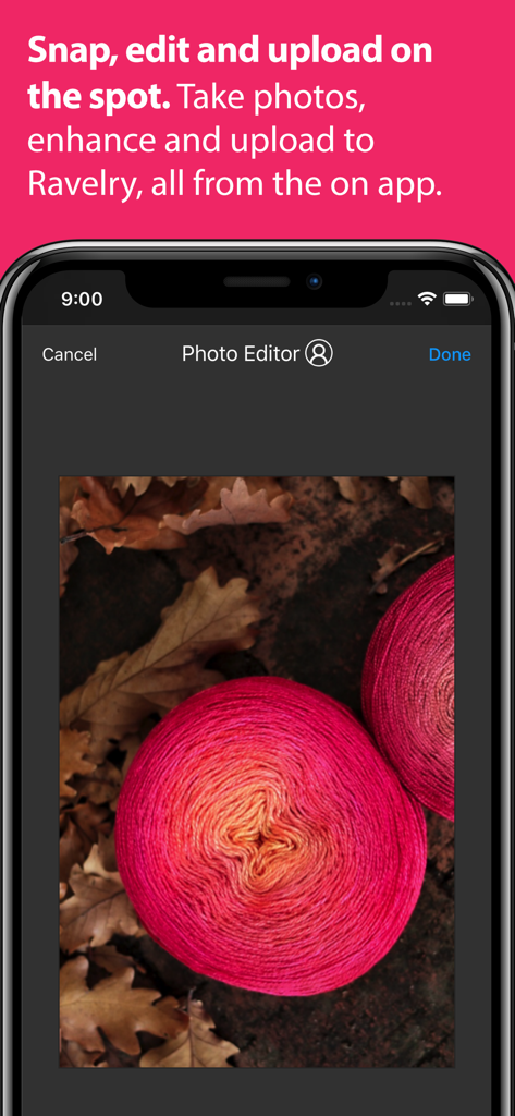 Ravit app photo editor screen showing a picture of pink yarn cakes on autumn leaves