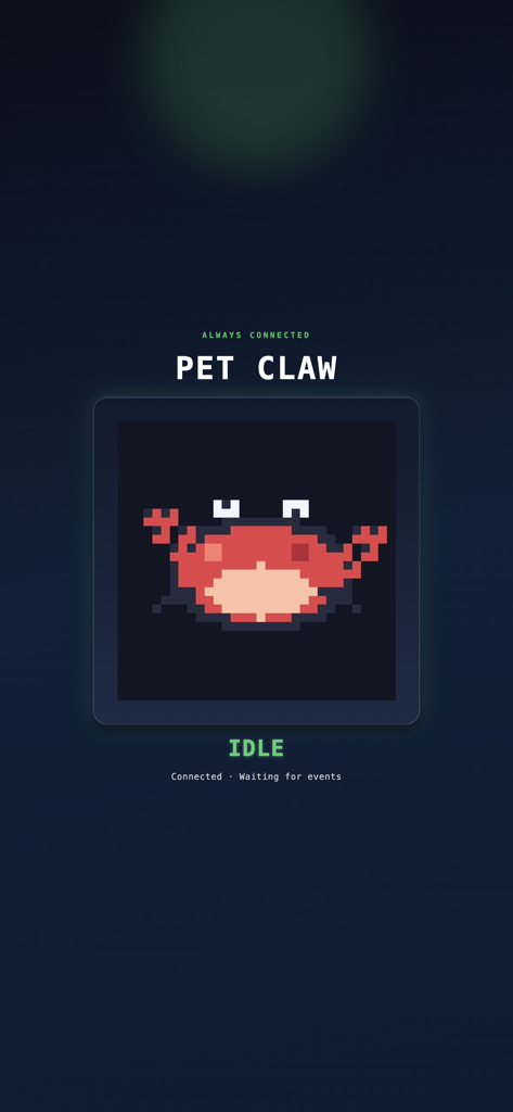 Pet Claw - Screenshot of the Pet Claw app showing a pixel art crab with the status Idle.
