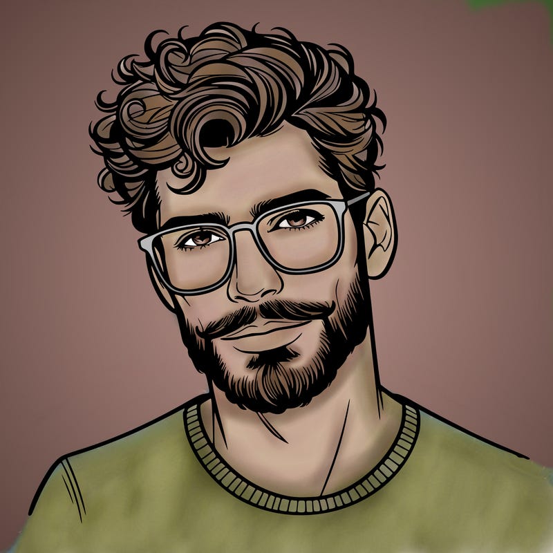 handsome man with curly hair, beard and glasses
