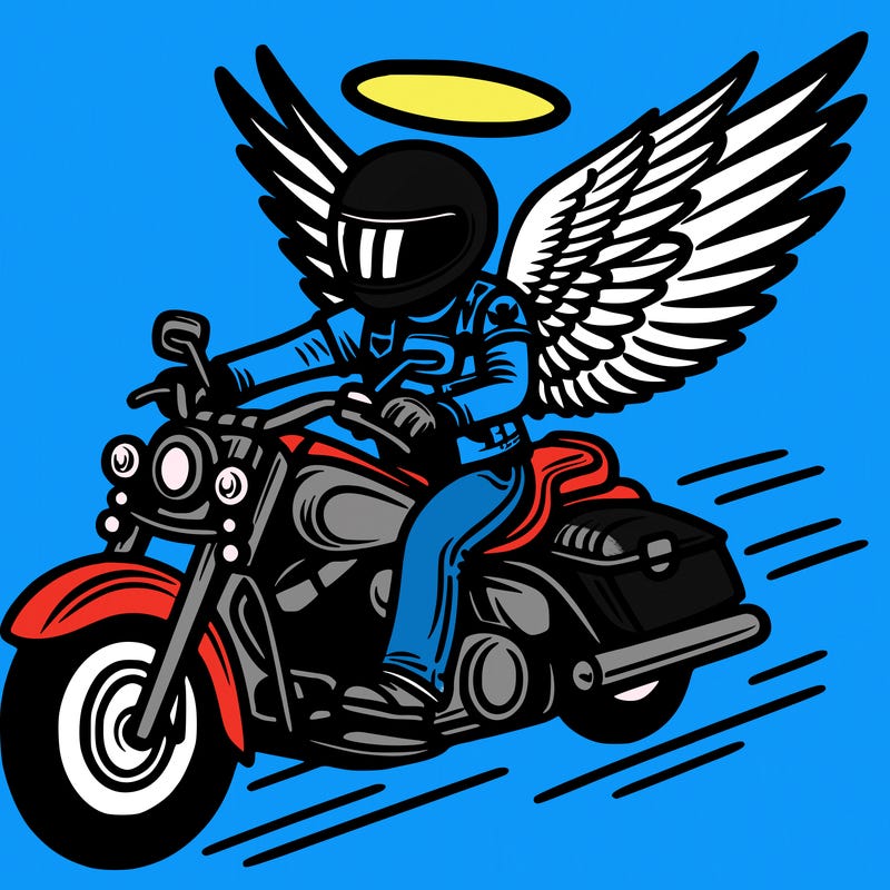 biker riding motorcycle with angel wings