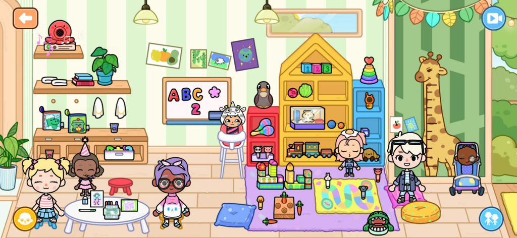 Mia World - Chibi characters playing with toys in a colorful nursery room in Mia World