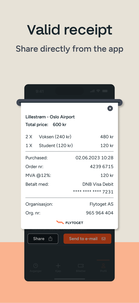 Digitale Quittung für Oslo Airport Express Zugtickets mit Freigabeoptionen für Geschäftsausgaben