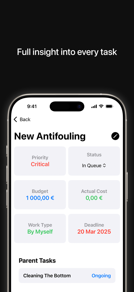 Interfaz móvil que muestra un seguimiento detallado de una tarea de mantenimiento de barco, incluyendo presupuesto y prioridad